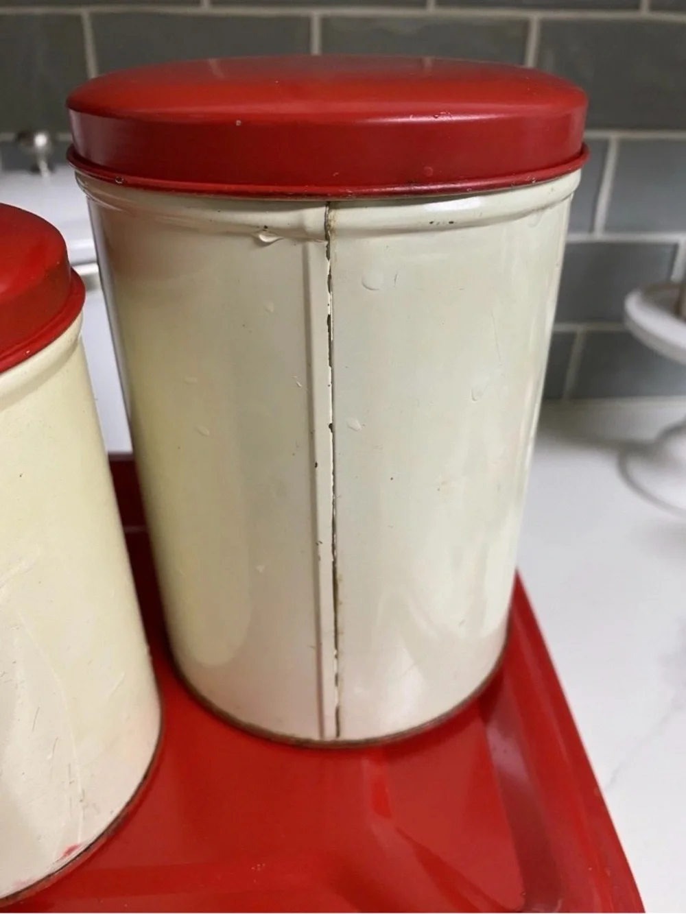 Vintage Strawberry Shabby Chic Hinged Red Metal Bread Box & Canister Set